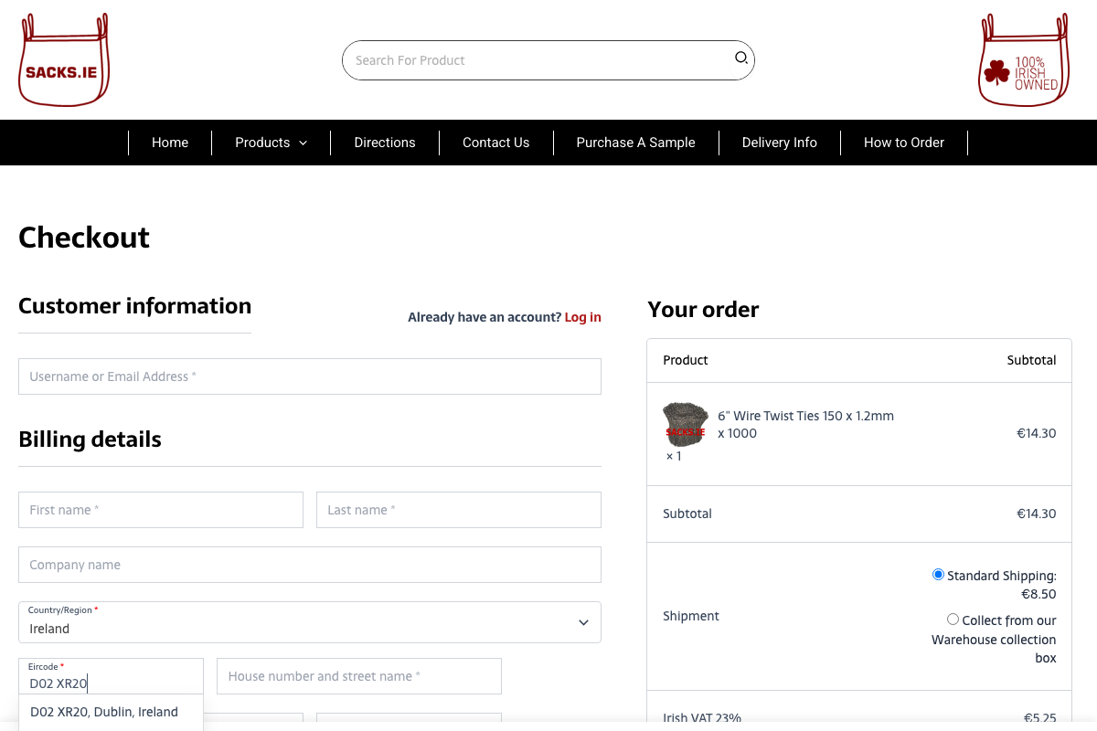 Sacks.ie: Eircode Checkout Autofill