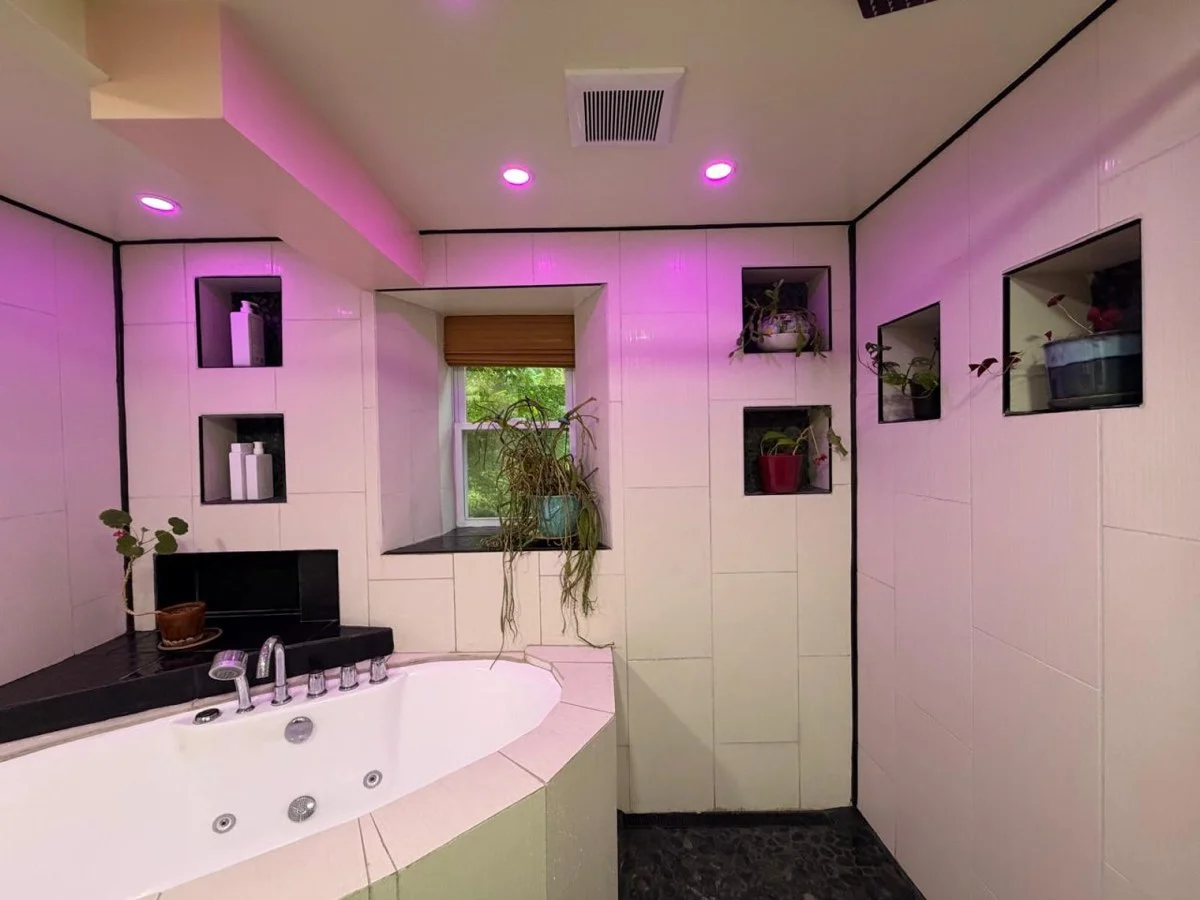 The finished New Life Spaces bathroom: a soaking tub with black stone surround, tiled niches holding plants, and a bamboo shade at the window.