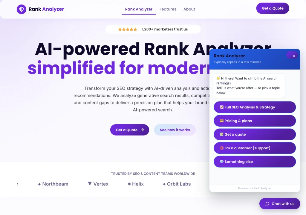 The custom AI chatbot widget on Rank Analyzer, open and showing its quick-reply topics