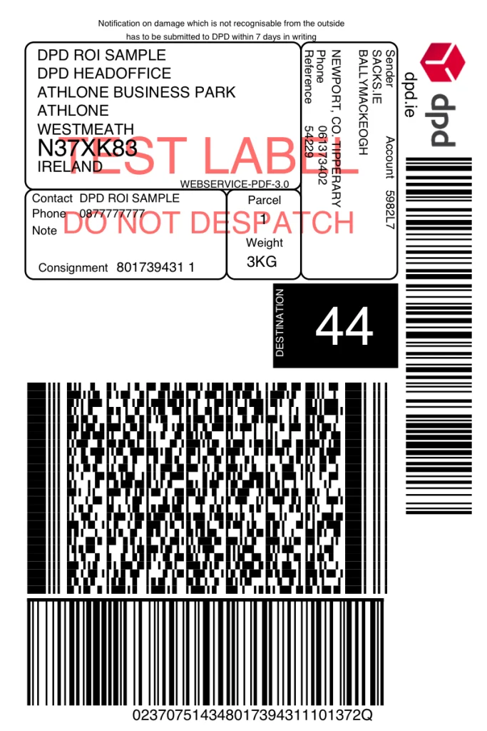 DPD test shipping label for a Republic of Ireland address