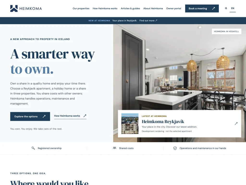 Heimkoma English homepage headed "A smarter way to own", showing the Icelandic and English language switcher