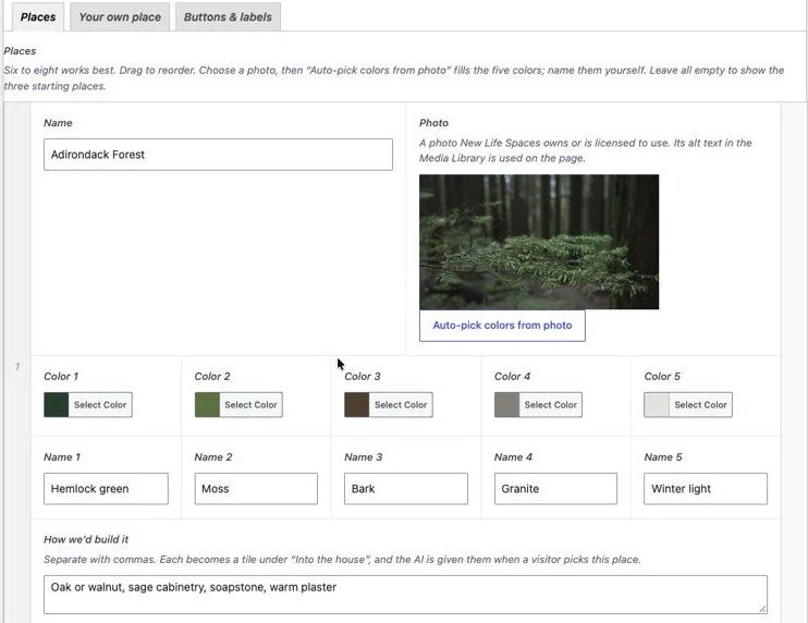 The Places tab in the page editor: a forest photo with an Auto-pick colors from photo button, five color pickers with names, and the materials field.