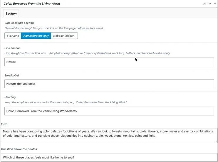 The Color, Borrowed From the Living World box in the WordPress page editor, Section tab: visibility, link anchor, label, heading, intro and question.